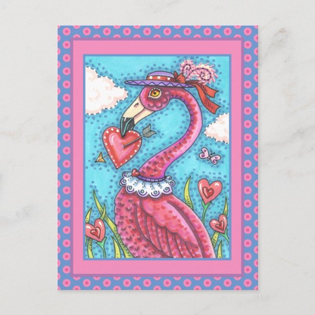 PINK FLAMINGO VALENTINE HEARTS, LOVE BIRD WHIMSY HOLIDAY POSTCARD (Front)