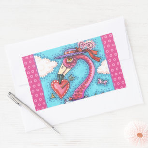 PINK FLAMINGO VALENTINE HEARTS, LOVE BIRD WHIMSY RECTANGULAR STICKER