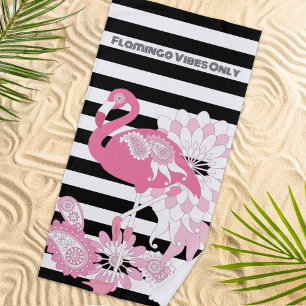 Pink Flamingo Vibes Only Black & White Striped Beach Towel