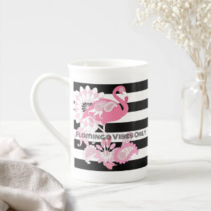 Pink Flamingo Vibes Only Black & White Striped Bone China Mug