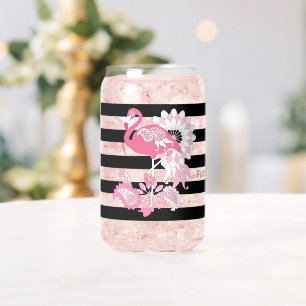 Pink Flamingo Vibes Only Black & White Striped Can Glass