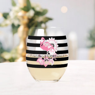 Pink Flamingo Vibes Only Black & White Striped Stemless Wine Glass