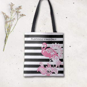 Pink Flamingo Vibes Only Black & White Striped Tote Bag