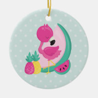 Pink Flamingo w/ Tropical Fruits on Polka Dots