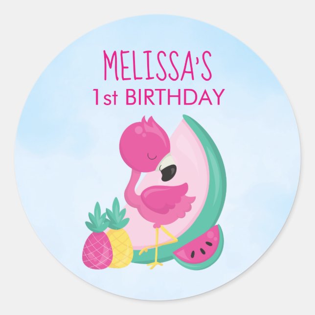 Pink Flamingo w/ Watermelon & Pineapples Birthday Classic Round Sticker (Front)