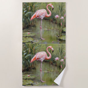 Pink Flamingo Water Lilies And Reeds Oil Painting, Beach Towel