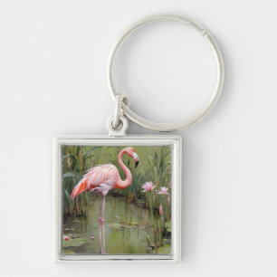 Pink Flamingo Water Lilies And Reeds Oil Painting, Key Ring