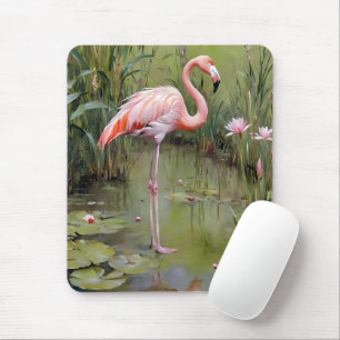 Pink Flamingo Water Lilies And Reeds Oil Painting, Mouse Pad