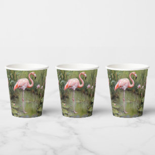 Pink Flamingo Water Lilies And Reeds Oil Painting, Paper Cups