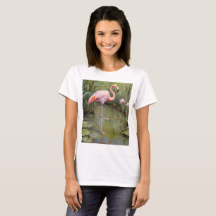Pink Flamingo Water Lilies And Reeds Oil Painting, T-Shirt