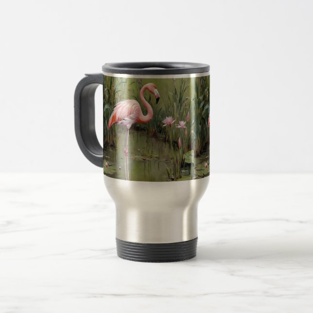 Pink Flamingo Water Lilies And Reeds Oil Painting, Travel Mug (Front Left)