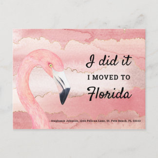 Pink Flamingo Watercolor Clouds I Moved to Florida Announcement Postcard