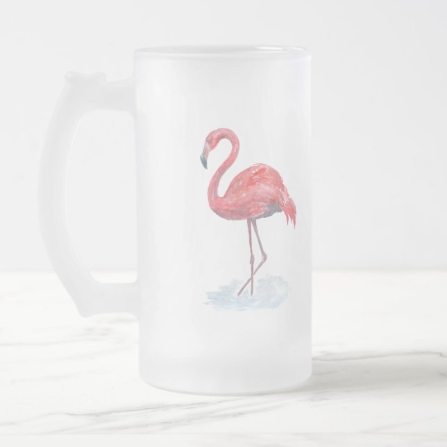 Pink Flamingo, watercolor . Frosted Glass Beer Mug (Left)