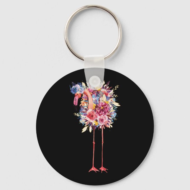 Pink Flamingo Watercolor Hawaiian Flowers Floral Key Ring (Front)
