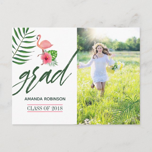 Pink Flamingo Watercolor Luau Grad Announcement Postcard (Front)