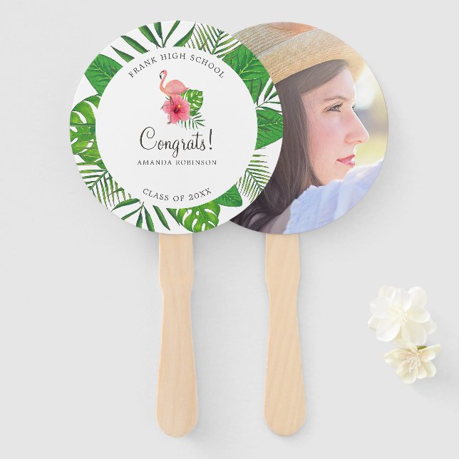 Pink Flamingo Watercolor Luau Graduation photo Hand Fan (Front and Back)