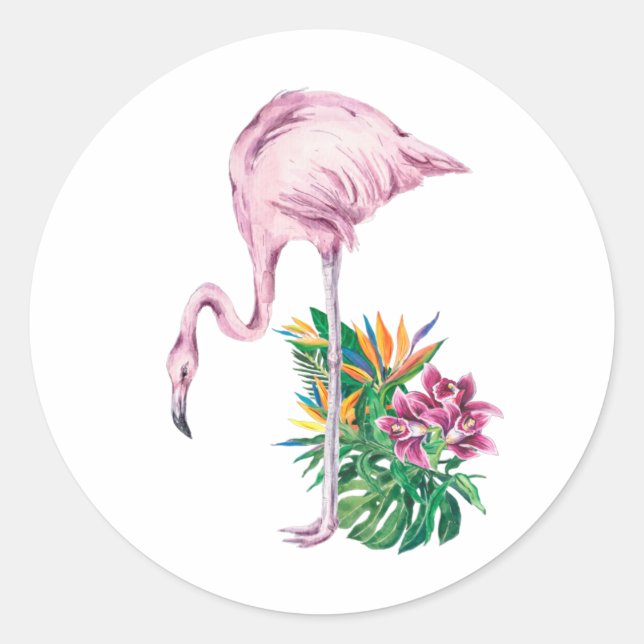 Pink Flamingo Watercolor Painting Classic Round Sticker (Front)