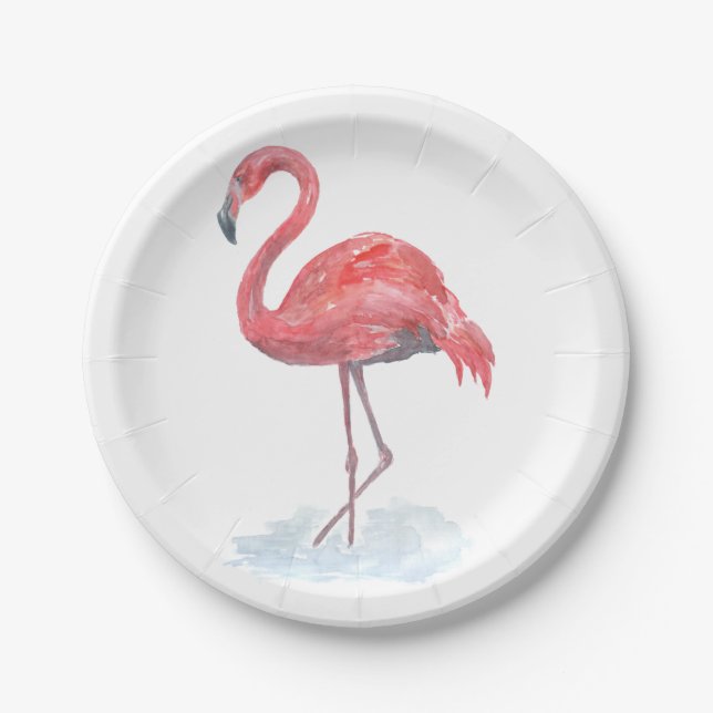 Pink Flamingo, watercolor . Paper Plate (Front)