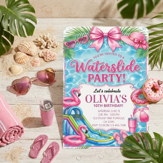 Pink Flamingo Waterslide Pool Party Birthday Invitation