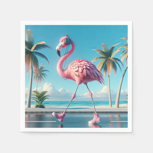 Pink Flamingo Wearing Sneakers and Headphones Napkin (Front)