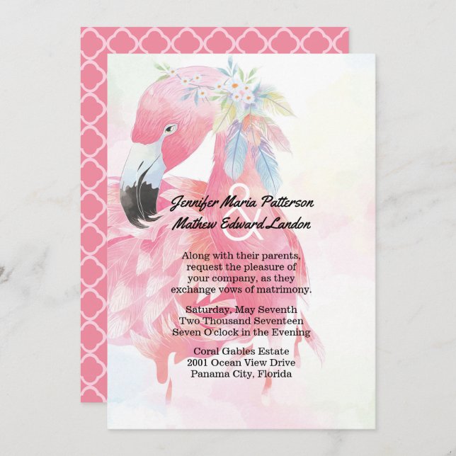 Pink Flamingo Wedding Invitation (Front/Back)