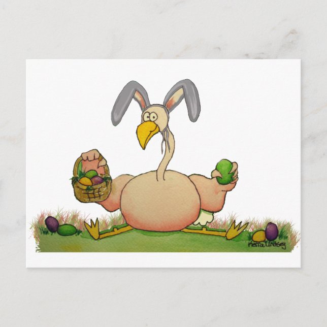 Pink Flamingo Whimsical Bird As Easter Bunny Holiday Postcard (Front)