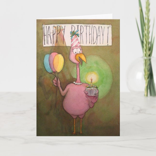 Pink Flamingo Whimsical Happy Birthday Card (Front)