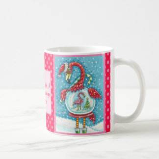 PINK FLAMINGO, WHITE CHRISTMAS SNOW GLOBE MUG