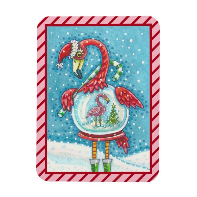 PINK FLAMINGO WHITE CHRISTMAS SNOWGLOBE MAGNET (Vertical)