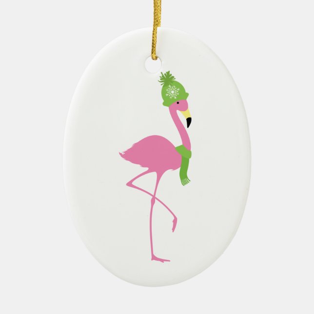 Pink Flamingo Winter Christmas Ornament (Front)