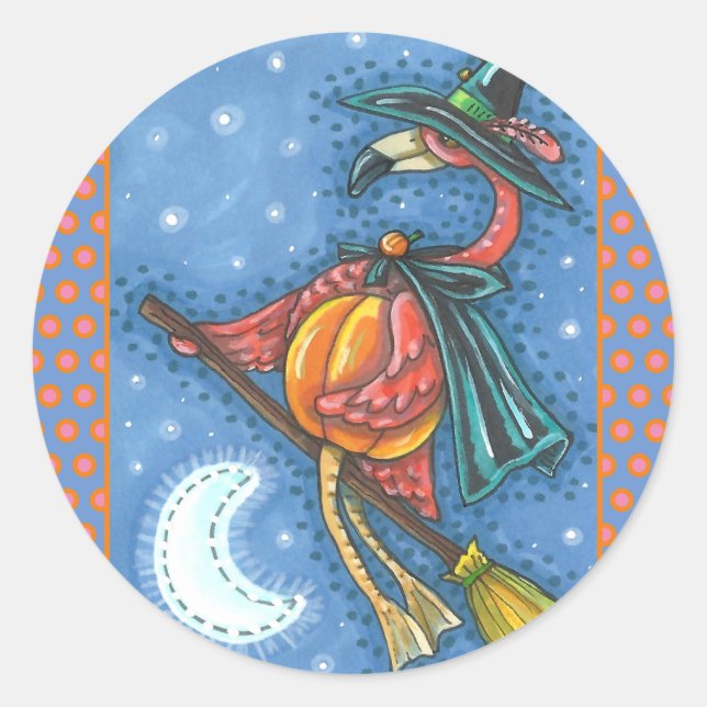 PINK FLAMINGO WITCH, FLYING OVER MOON ON A BROOM CLASSIC ROUND STICKER (Front)