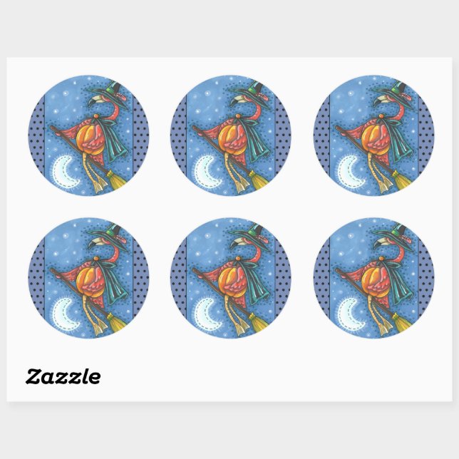 PINK FLAMINGO WITCH, FLYING OVER MOON ON A BROOM CLASSIC ROUND STICKER (Sheet)