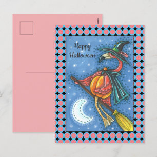 PINK FLAMINGO WITCH, FLYING OVER MOON ON A BROOM HOLIDAY POSTCARD
