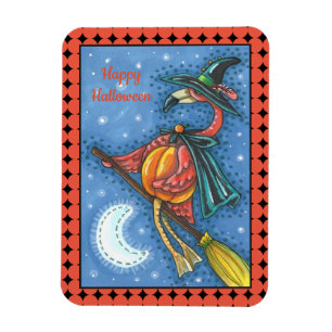 PINK FLAMINGO WITCH, FLYING OVER MOON ON A BROOM MAGNET