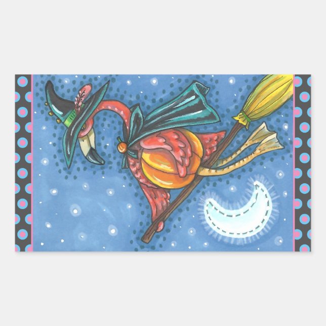 PINK FLAMINGO WITCH, FLYING OVER MOON ON A BROOM RECTANGULAR STICKER (Front)