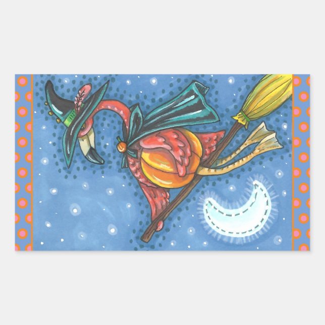 PINK FLAMINGO WITCH, FLYING OVER MOON ON A BROOM RECTANGULAR STICKER (Front)