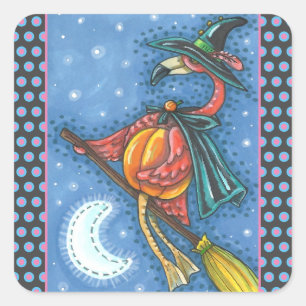 PINK FLAMINGO WITCH, FLYING OVER MOON ON A BROOM SQUARE STICKER