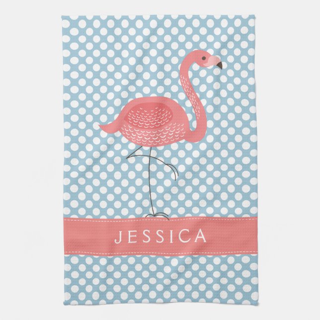 Pink Flamingo With Blue And White Polkadot Tea Towel (Vertical)