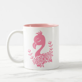 Pink Flamingo with Floral Design Two-Tone Coffee Mug