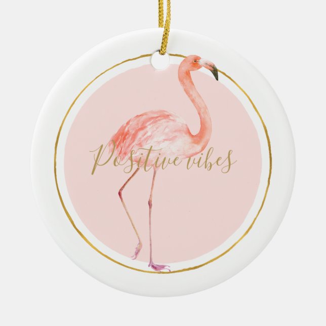 Pink flamingo with gold and frame personalized ceramic tree decoration (Front)