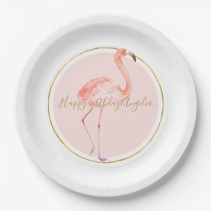 Pink flamingo with gold and frame personalized paper plate
