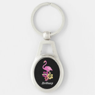 Pink Flamingo With Hibiscus Flowers Metal Keychain