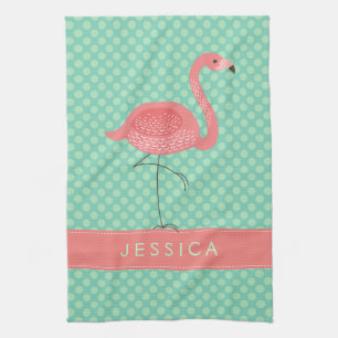 Pink Flamingo With Mint-Green Polkadot Tea Towel