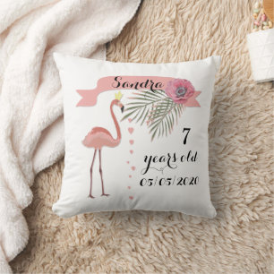Pink Flamingo with palm leaves for girl Cushion