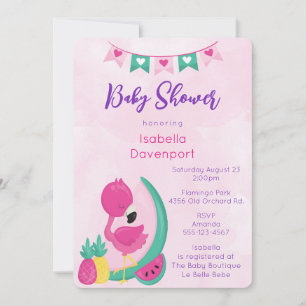 Pink Flamingo with Pineapple & Watermelon Shower Invitation