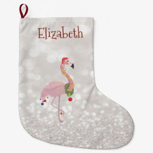 Pink Flamingo With Santa Hat, Glittery Bokeh Large Christmas Stocking