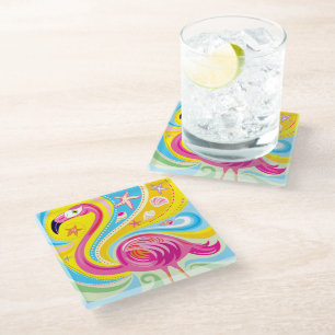 Pink Flamingo with Starfish Glass Coaster