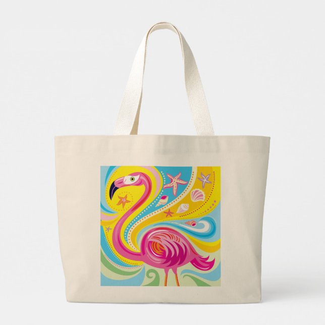 Pink Flamingo with Starfish Large Tote Bag (Back)