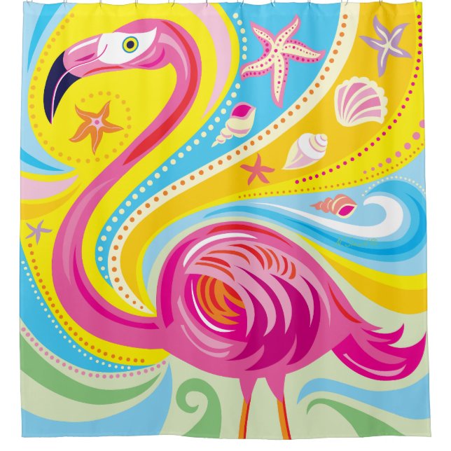 Pink Flamingo with Starfish Shower Curtain (Front)
