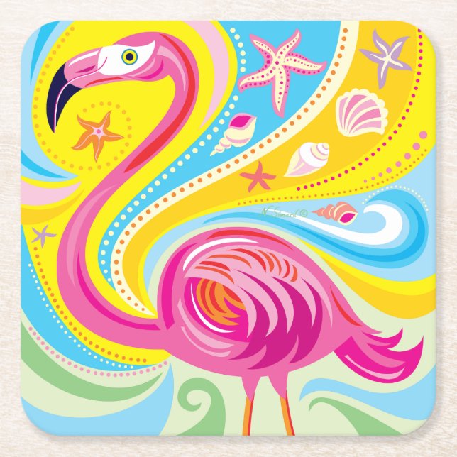 Pink Flamingo with Starfish Square Paper Coaster (Front)